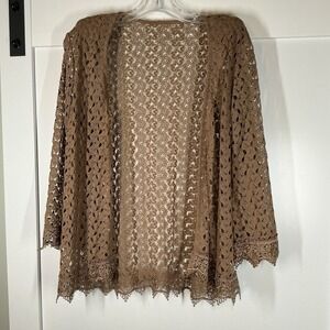 Open Knit Crochet Cardigan Top Beige Women's Size Medium Lace Boho Casual